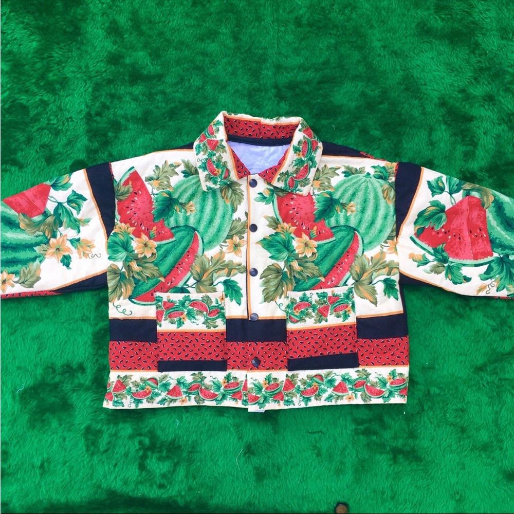 Watermelon-print upcycled quilted chore coat, size xs/s
